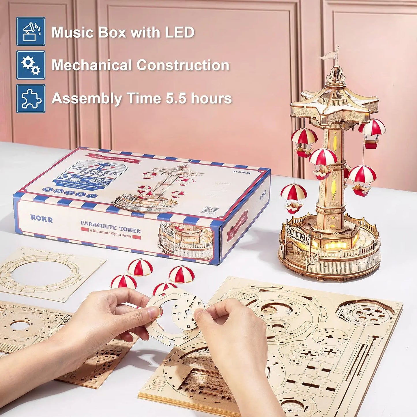 ROKR Magic Amusement Park Wooden Toys DIY Music Box Moveable 3D Wooden Puzzle for Kids Gifts for Christmas EA